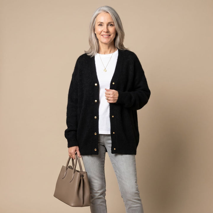 Dames Oversized Mohair Gebreide Cardigan met Drukknoopsluiting - Zwart