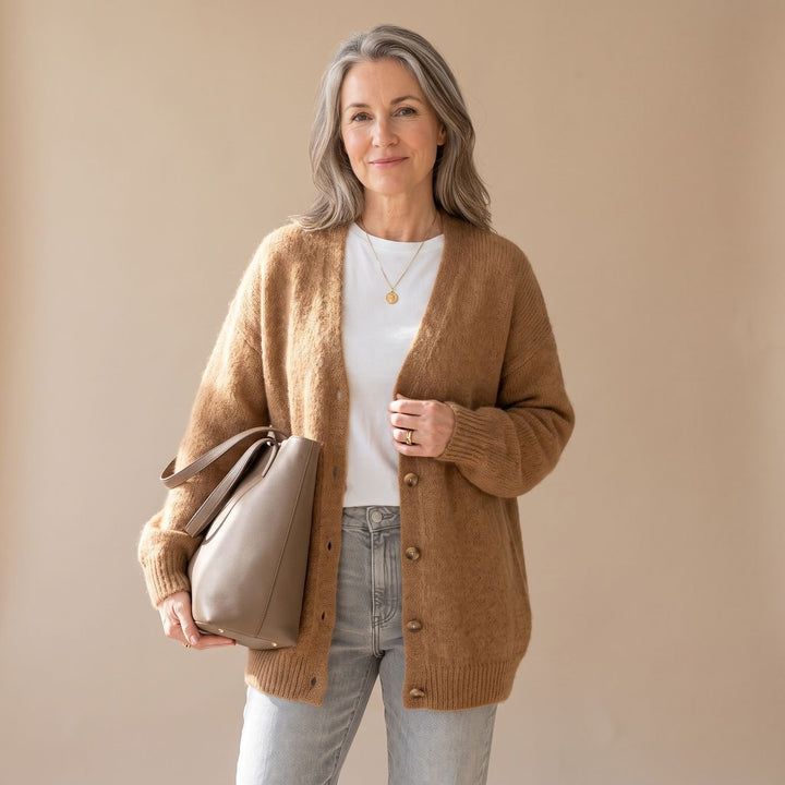 Dames Oversized Mohair Gebreide Cardigan met Drukknoopsluiting - Lichtbruin