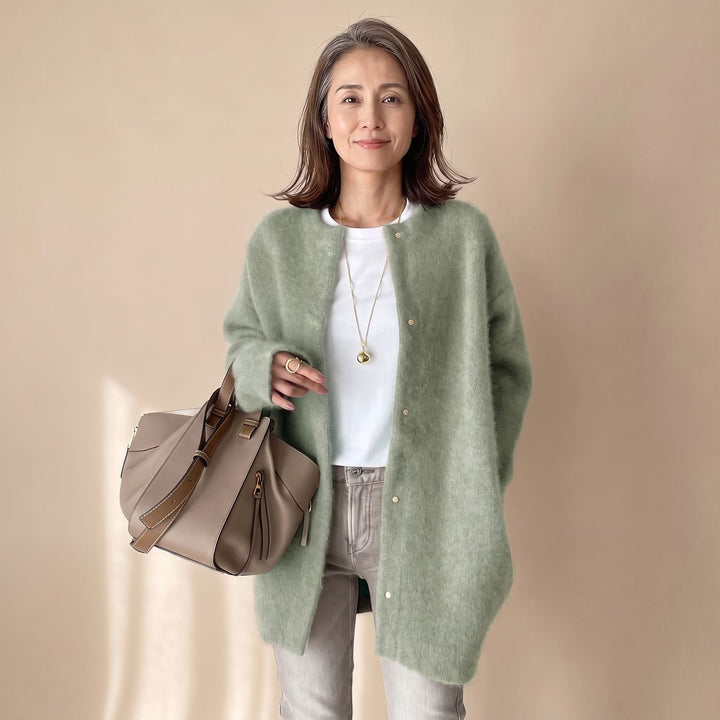 Dames Oversized Mohair Gebreide Cardigan met Drukknoopsluiting - Lichtgroen