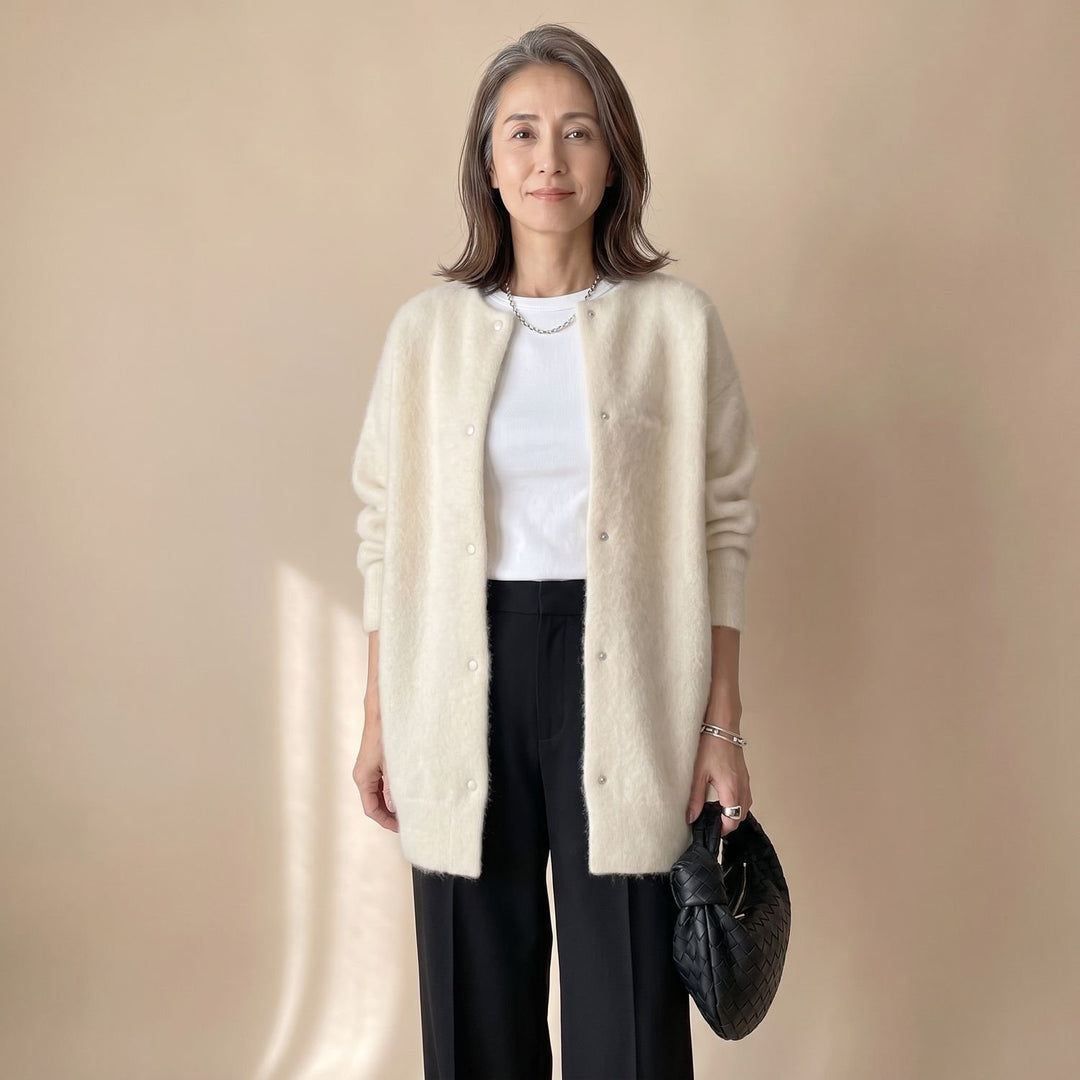 Dames Oversized Mohair Gebreide Cardigan met Drukknoopsluiting - Wit