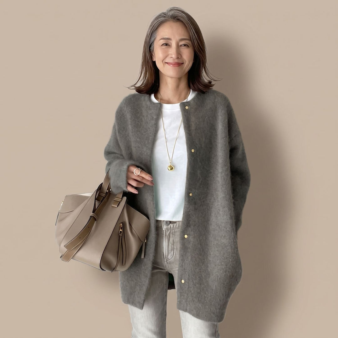 Dames Oversized Mohair Gebreide Cardigan met Drukknoopsluiting - Grijs