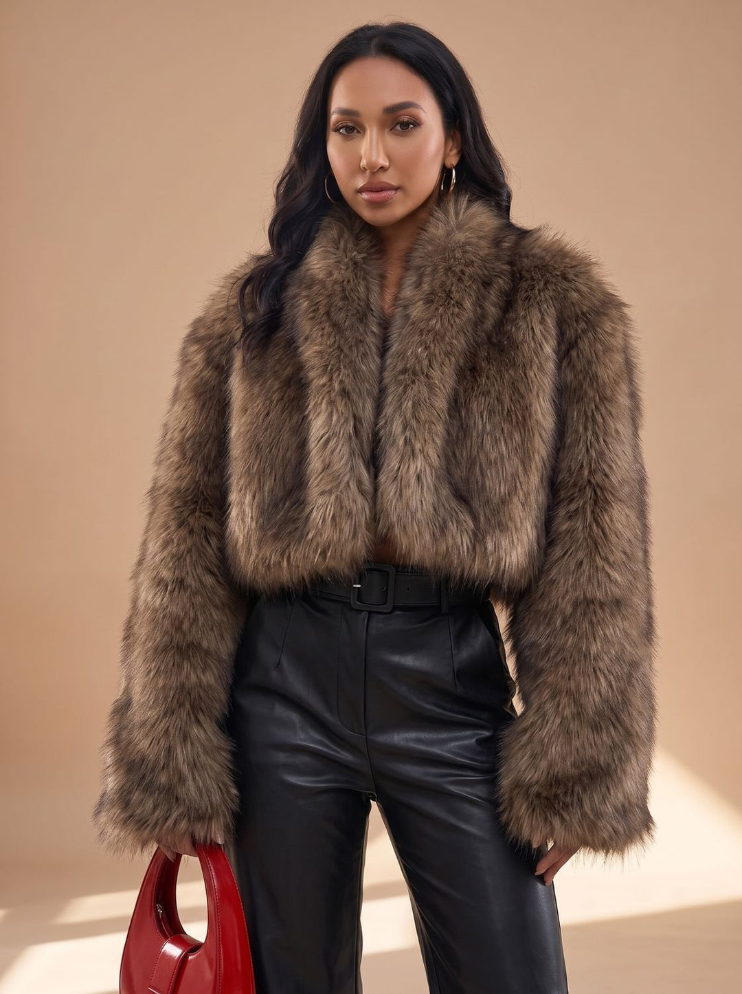Dames Oversized Open Imitatiebont Bontjas met Wijde Mouwen - Donkerbruin