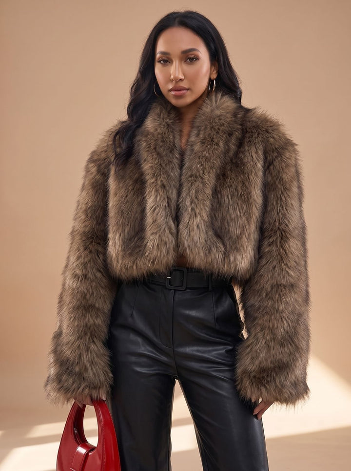 Dames Oversized Open Imitatiebont Bontjas met Wijde Mouwen - Donkerbruin
