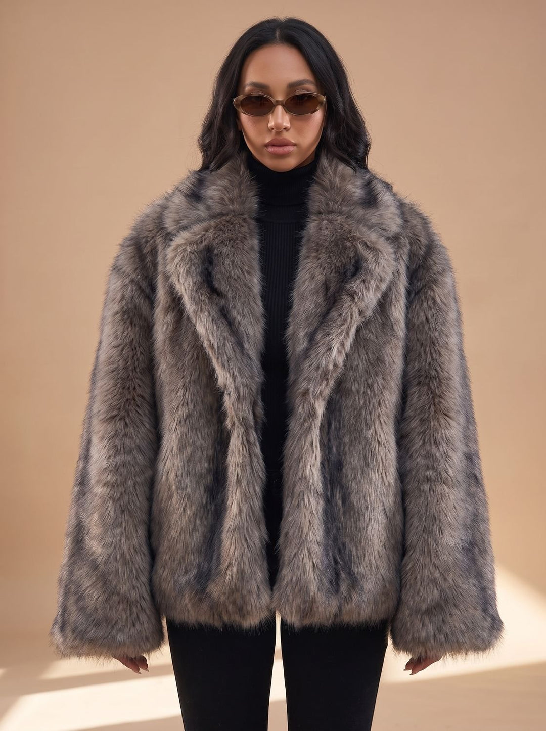 Dames Oversized Open Imitatiebont Bontjas met Wijde Mouwen - Donkergrijs