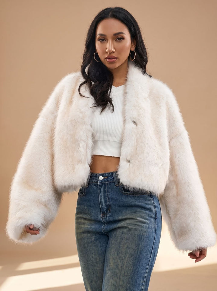 Dames Oversized Open Imitatiebont Bontjas met Wijde Mouwen - Wit
