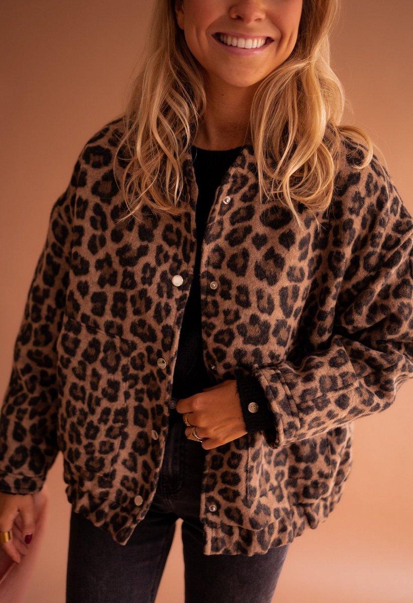Dames Oversized Quilted Jacket Luipaardprint Drukknopen - Luipaardprint