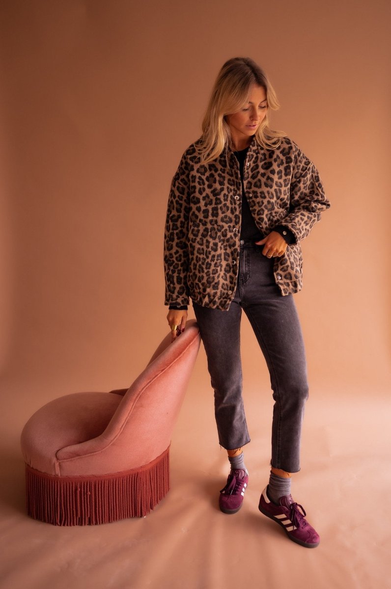 Dames Oversized Quilted Jacket Luipaardprint Drukknopen