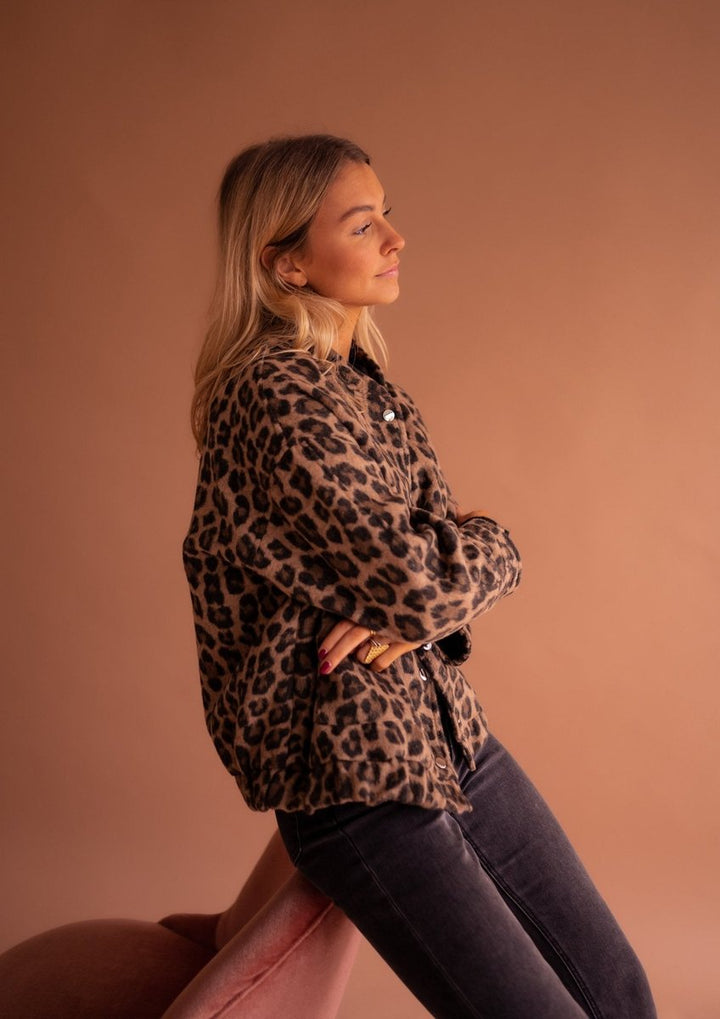 Dames Oversized Quilted Jacket Luipaardprint Drukknopen