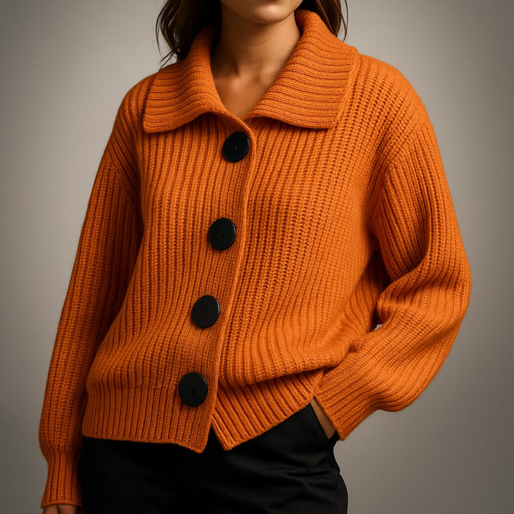 Dames Oversized Ribgebreide Cardigan Trui met Grote Knopen - Oranje