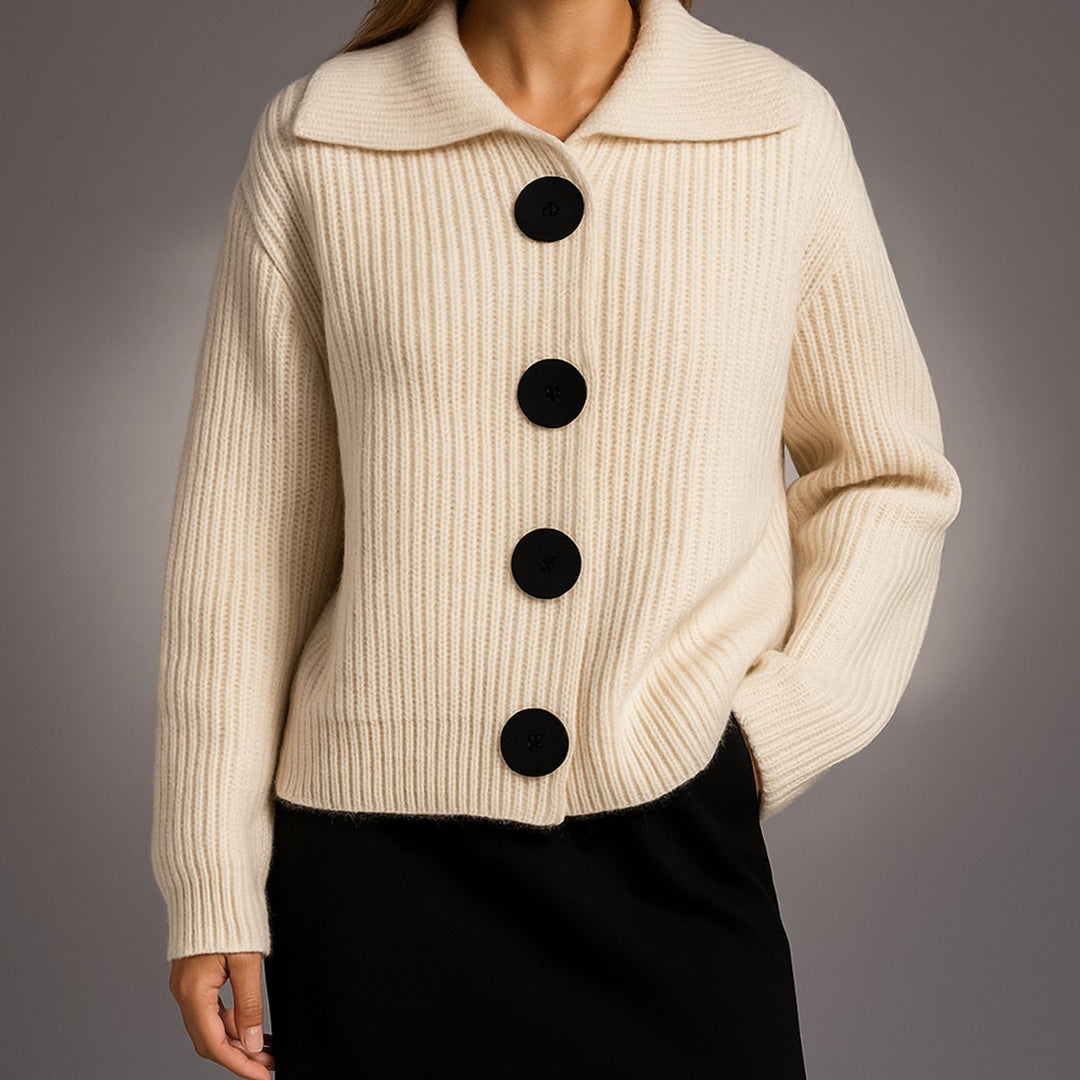 Dames Oversized Ribgebreide Cardigan Trui met Grote Knopen - Wit