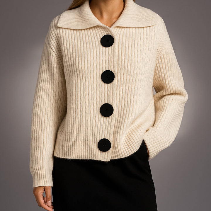 Dames Oversized Ribgebreide Cardigan Trui met Grote Knopen - Wit