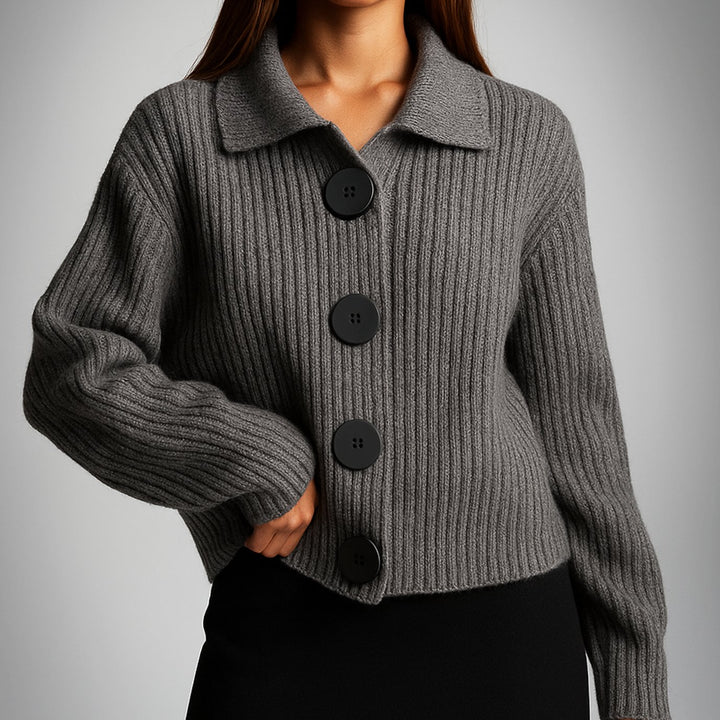 Dames Oversized Ribgebreide Cardigan Trui met Grote Knopen - Grijs