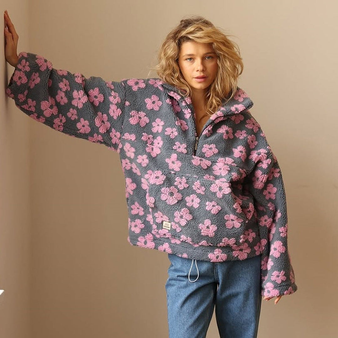 Dames Oversized Sherpa Fleece Bloemen Pullover Sweater