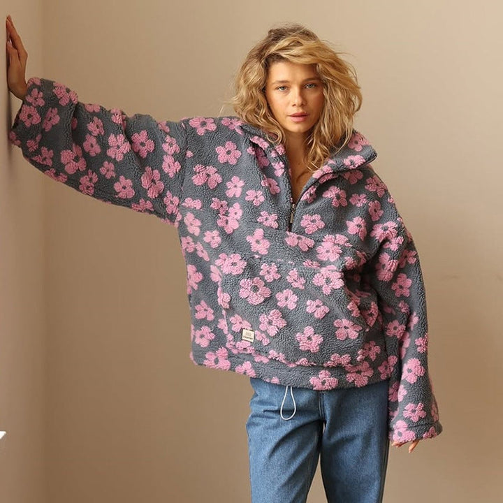 Dames Oversized Sherpa Fleece Bloemen Pullover Sweater