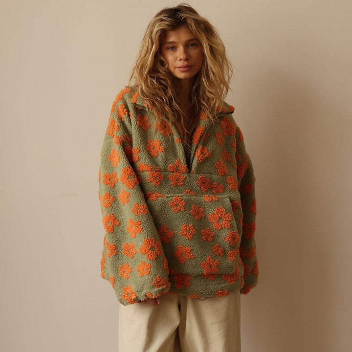 Dames Oversized Sherpa Fleece Bloemen Pullover Sweater