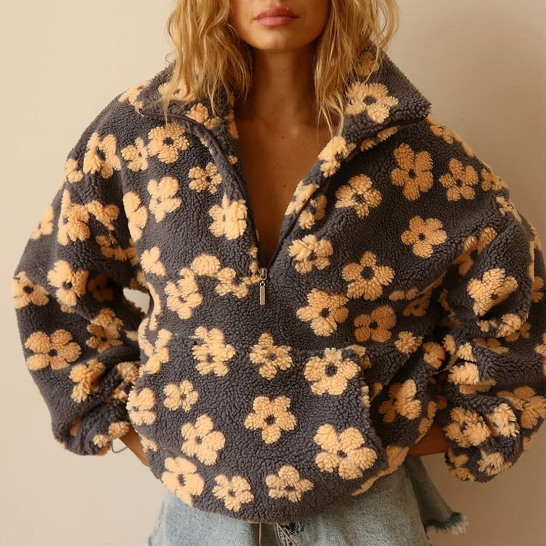 Dames Oversized Sherpa Fleece Bloemen Pullover Sweater - Geel