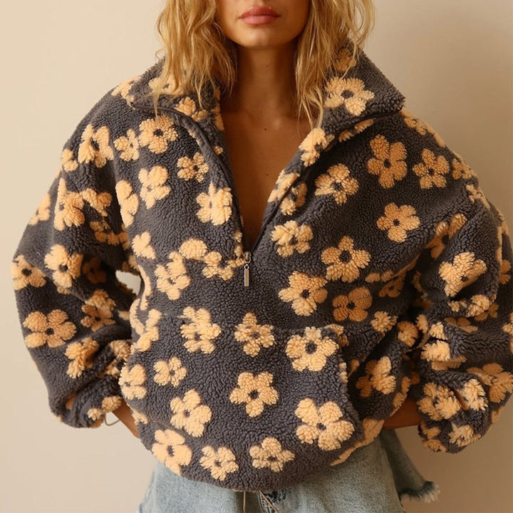 Dames Oversized Sherpa Fleece Bloemen Pullover Sweater - Geel
