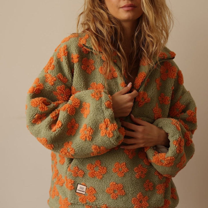 Dames Oversized Sherpa Fleece Bloemen Pullover Sweater - Oranje