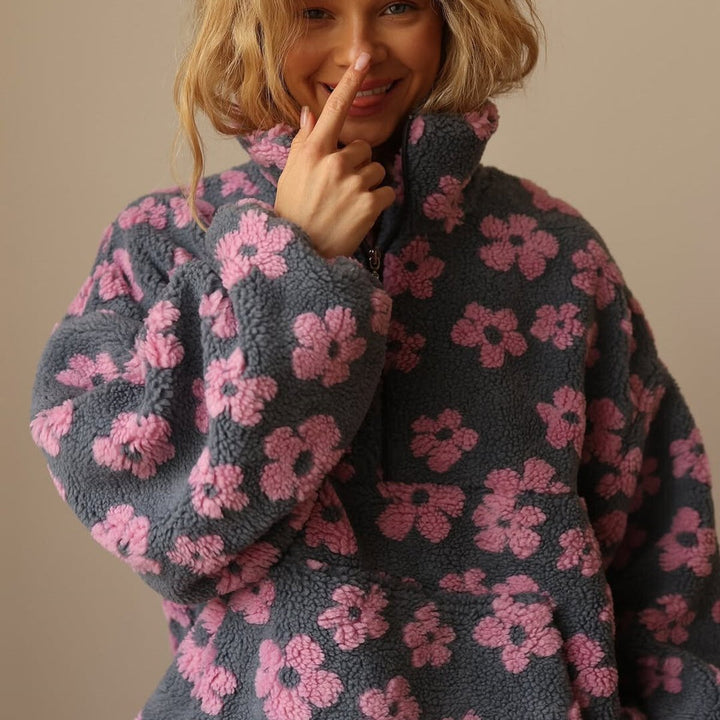 Dames Oversized Sherpa Fleece Bloemen Pullover Sweater - Roze