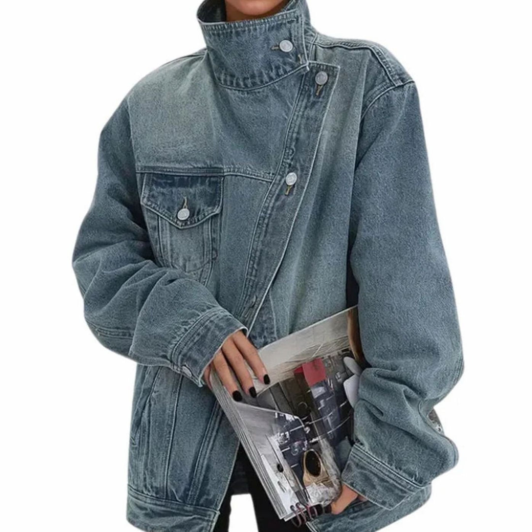 Dames Oversized Spijker Jas Relaxed Fit Asymmetrische Knoopsluiting - Blauw
