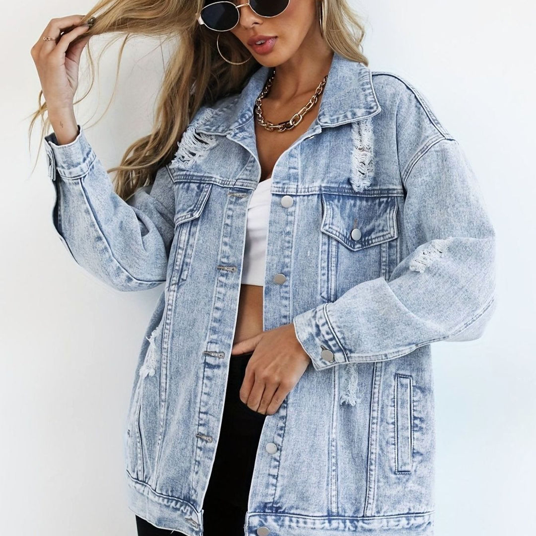 Dames Oversized Spijkerjas met Vintage Gatendetails - Lichtblauw