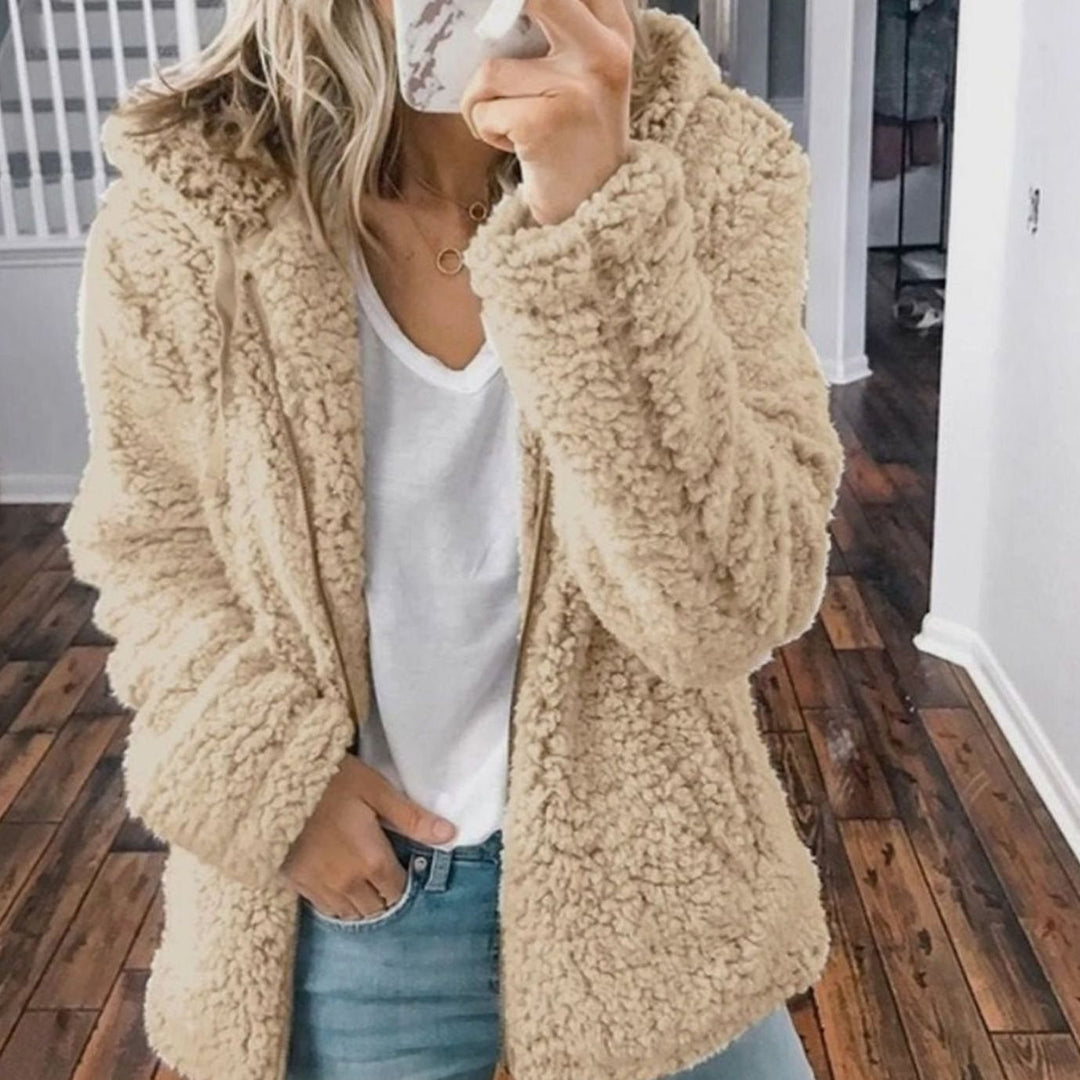 Dames Oversized Teddy Jas met Capuchon en Rits - Beige