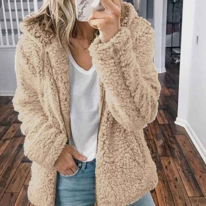 Dames Oversized Teddy Jas met Capuchon en Rits - Beige
