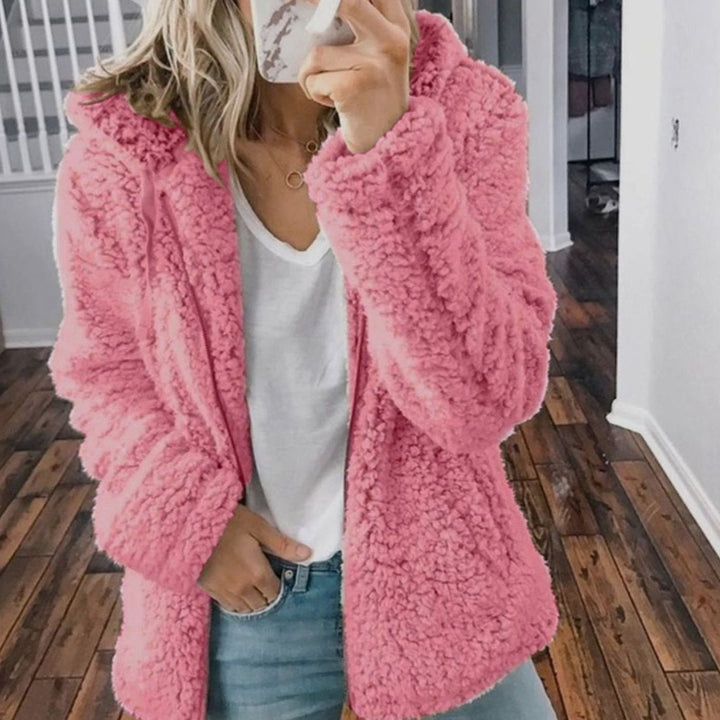 Dames Oversized Teddy Jas met Capuchon en Rits - Roze