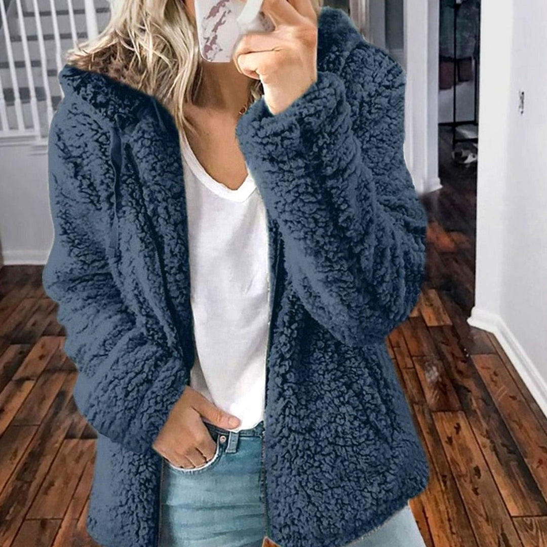Dames Oversized Teddy Jas met Capuchon en Rits - Blauw