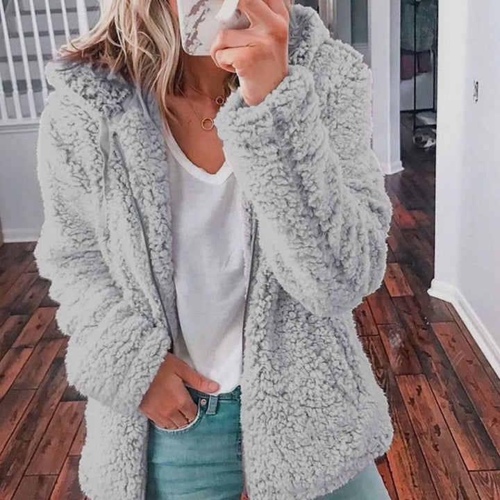 Dames Oversized Teddy Jas met Capuchon en Rits - Lichtgrijs
