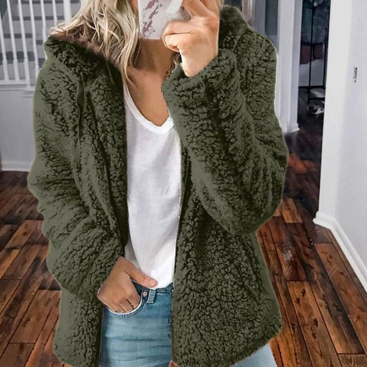 Dames Oversized Teddy Jas met Capuchon en Rits - Groen