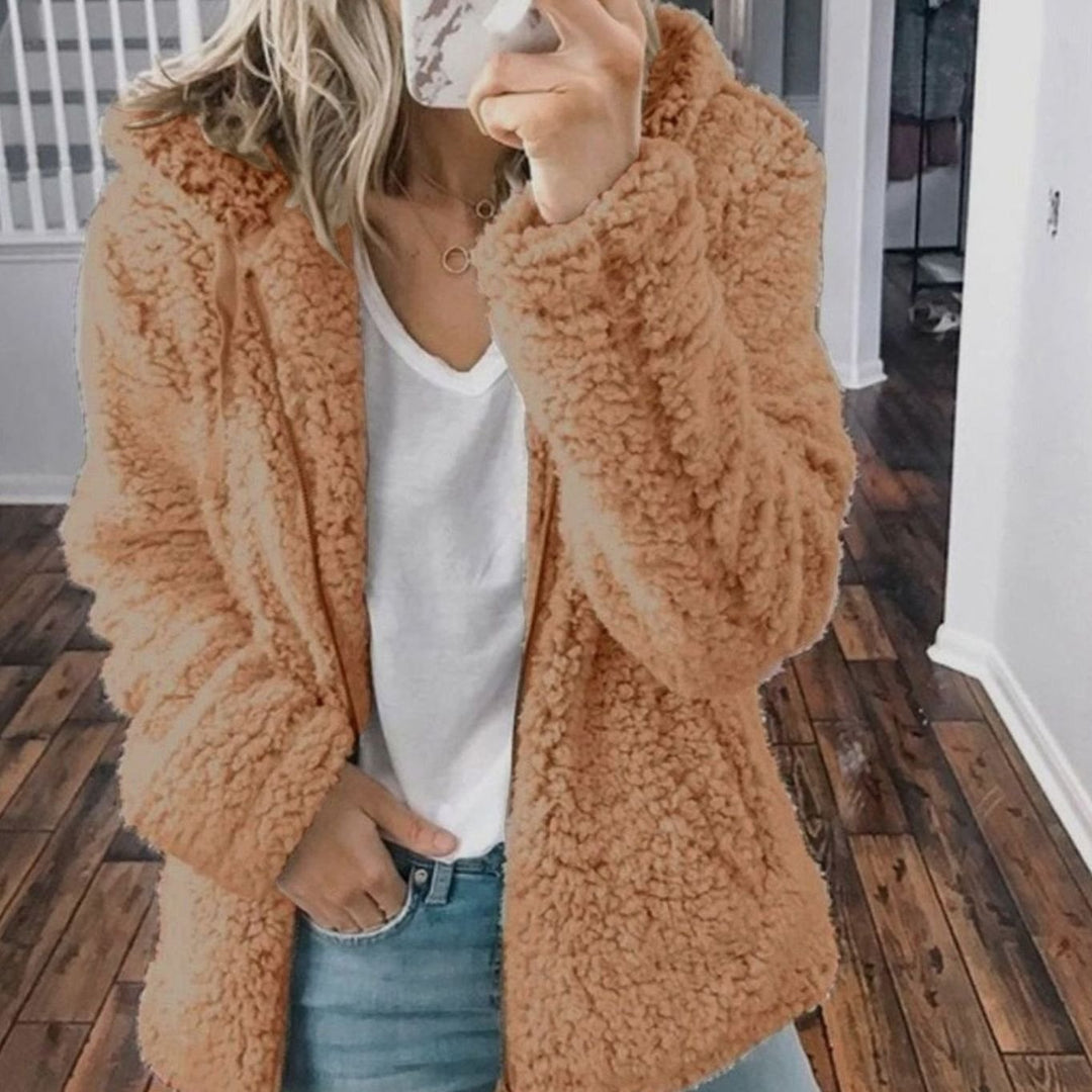 Dames Oversized Teddy Jas met Capuchon en Rits - Cappuccino