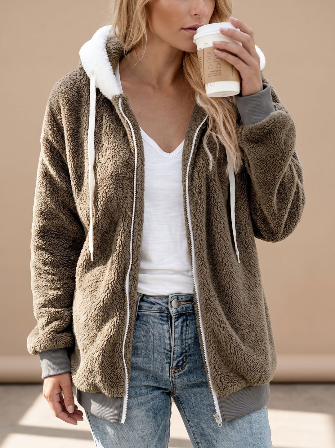 Dames Oversized Teddy Jas met Capuchon en Rits, Khaki - Khaki
