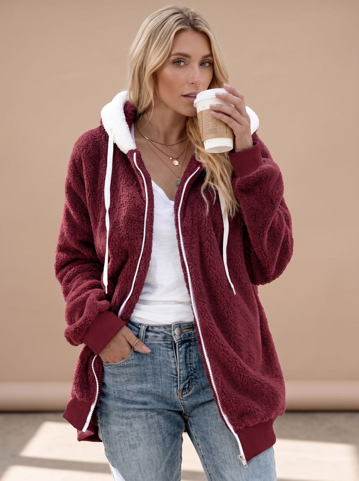 Dames Oversized Teddy Jas met Capuchon en Rits, Khaki - Bordeaux