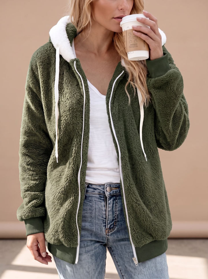 Dames Oversized Teddy Jas met Capuchon en Rits, Khaki - Donkergroen