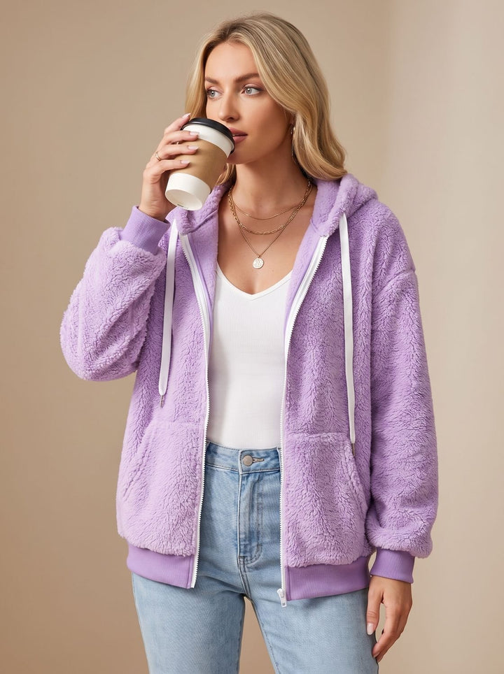 Dames Oversized Teddy Jas met Capuchon en Rits, Khaki - Lila