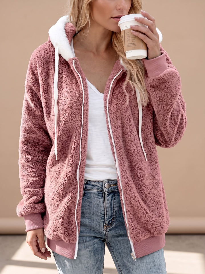 Dames Oversized Teddy Jas met Capuchon en Rits, Khaki - Roze