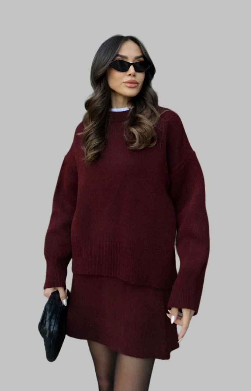 Dames Oversized Trui en Rok Set Wolmix Tweedelig - Bordeauxrood