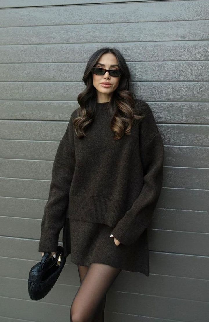 Dames Oversized Trui en Rok Set Wolmix Tweedelig - Bruin