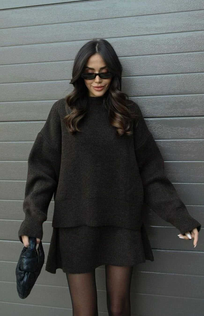 Dames Oversized Trui en Rok Set Wolmix Tweedelig