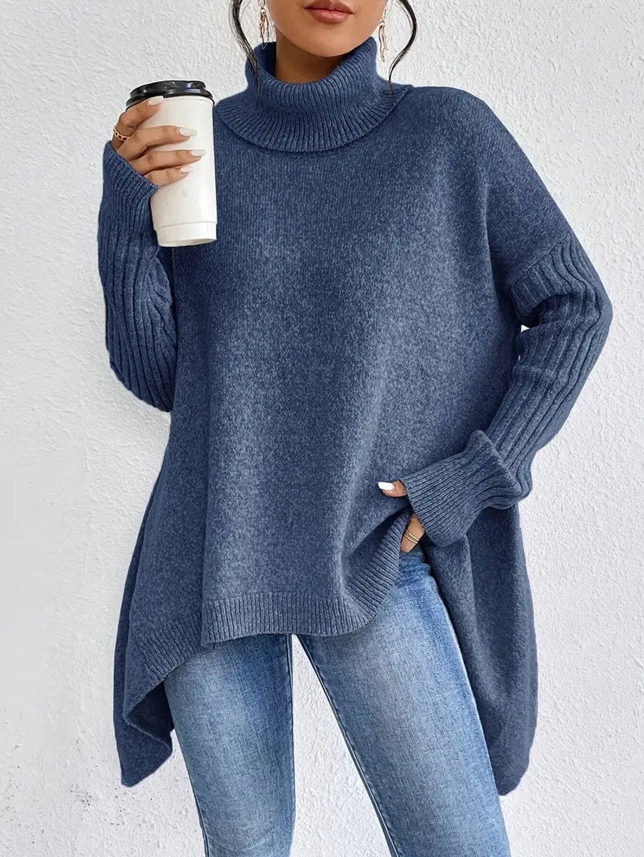 Dames Oversized Turtleneck Sweater Lang Gebreid Coltrui - Oceaanblauw