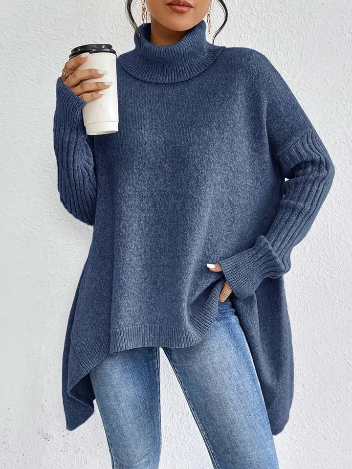 Dames Oversized Turtleneck Sweater Lang Gebreid Coltrui - Oceaanblauw
