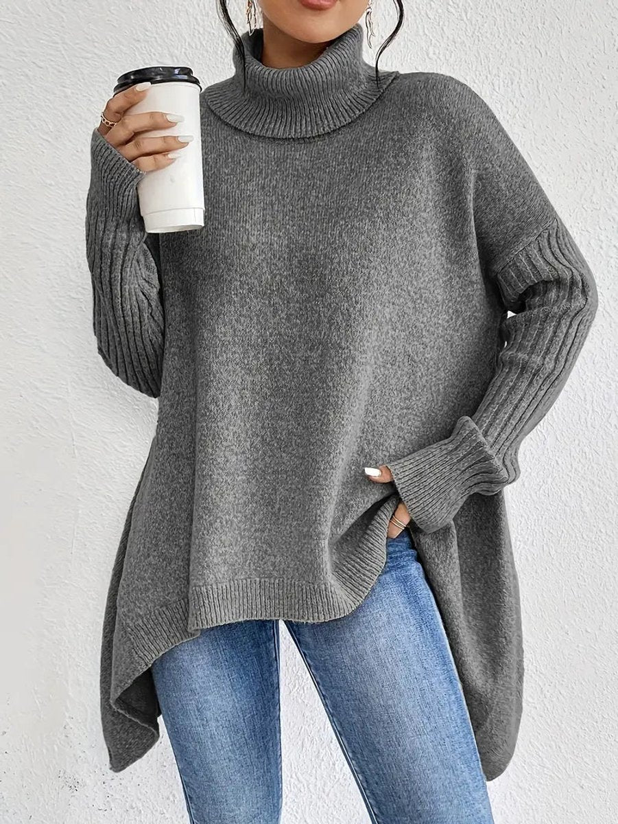 Dames Oversized Turtleneck Sweater Lang Gebreid Coltrui - Steengrijs