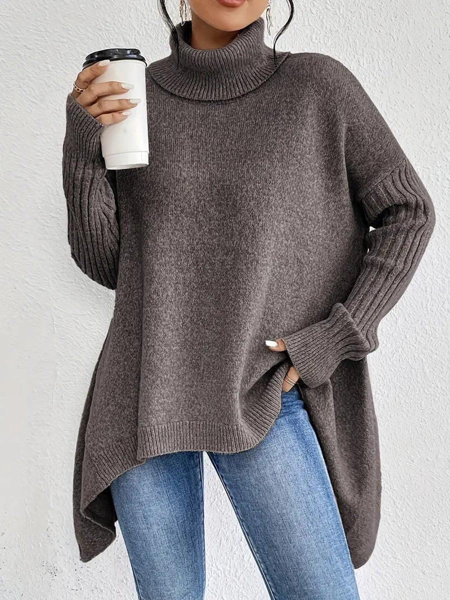 Dames Oversized Turtleneck Sweater Lang Gebreid Coltrui - Espressobruin