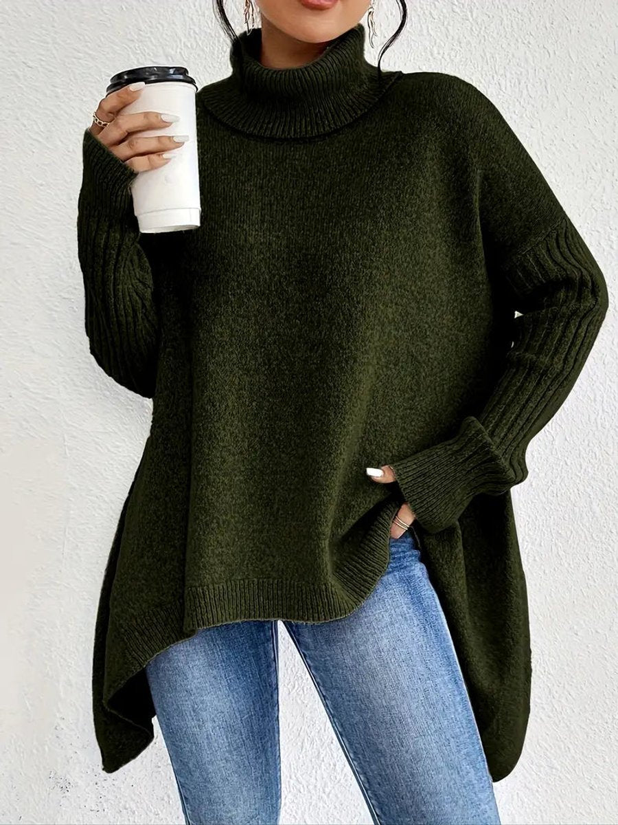 Dames Oversized Turtleneck Sweater Lang Gebreid Coltrui - Dennegroen