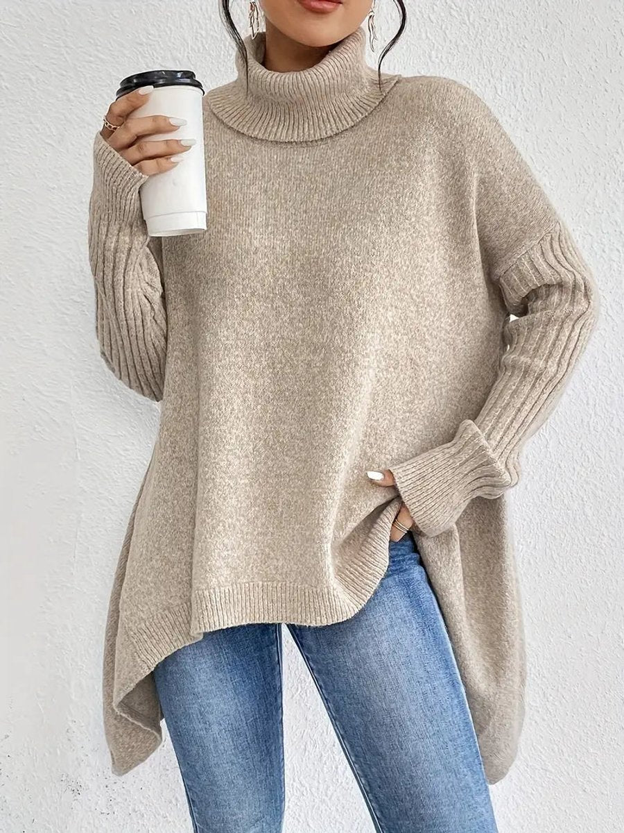 Dames Oversized Turtleneck Sweater Lang Gebreid Coltrui - Woestijnkhaki