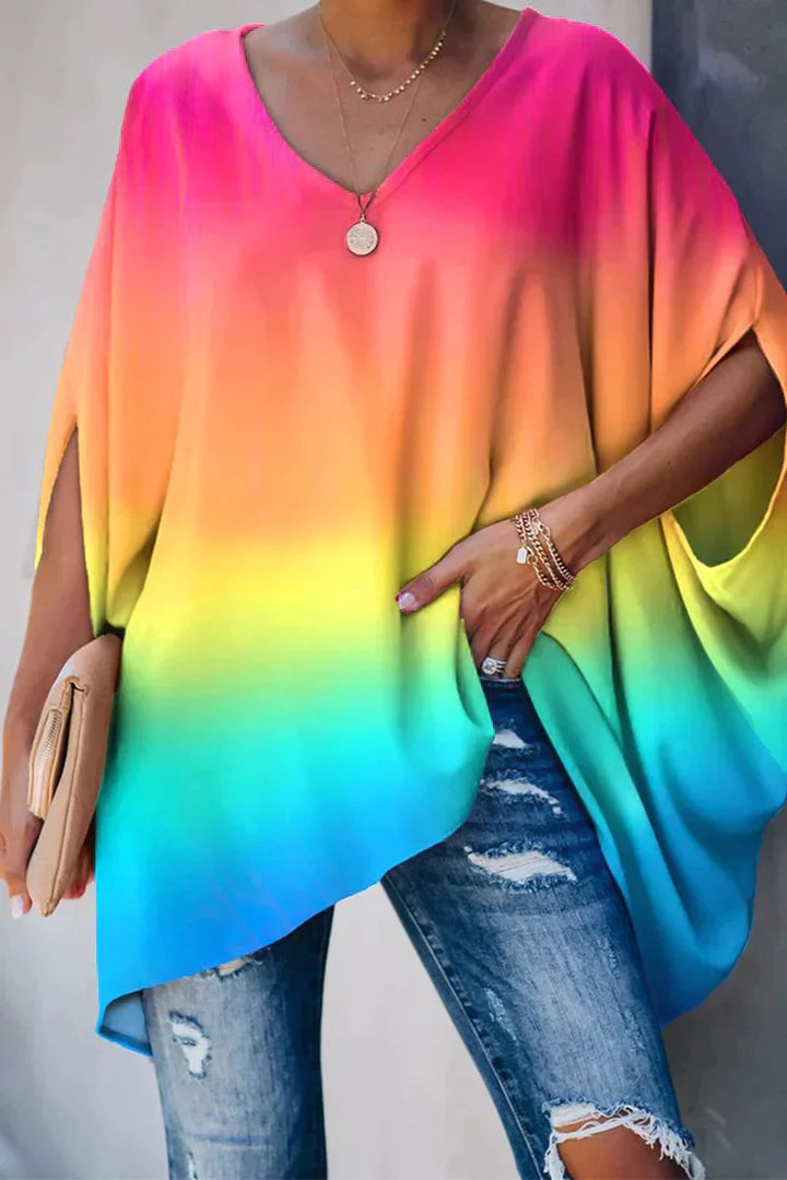 Dames Oversized V-hals Vleermouwen Tunic - Regenbogen