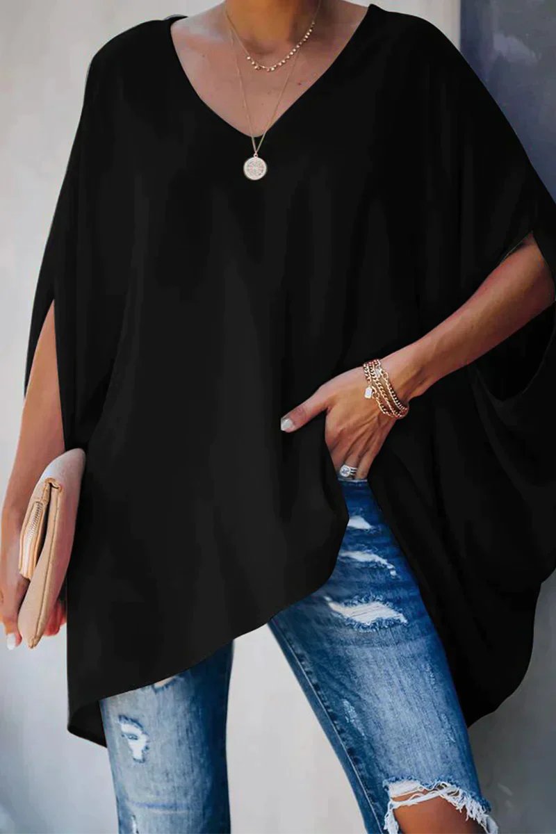 Dames Oversized V-hals Vleermouwen Tunic - Schwarz