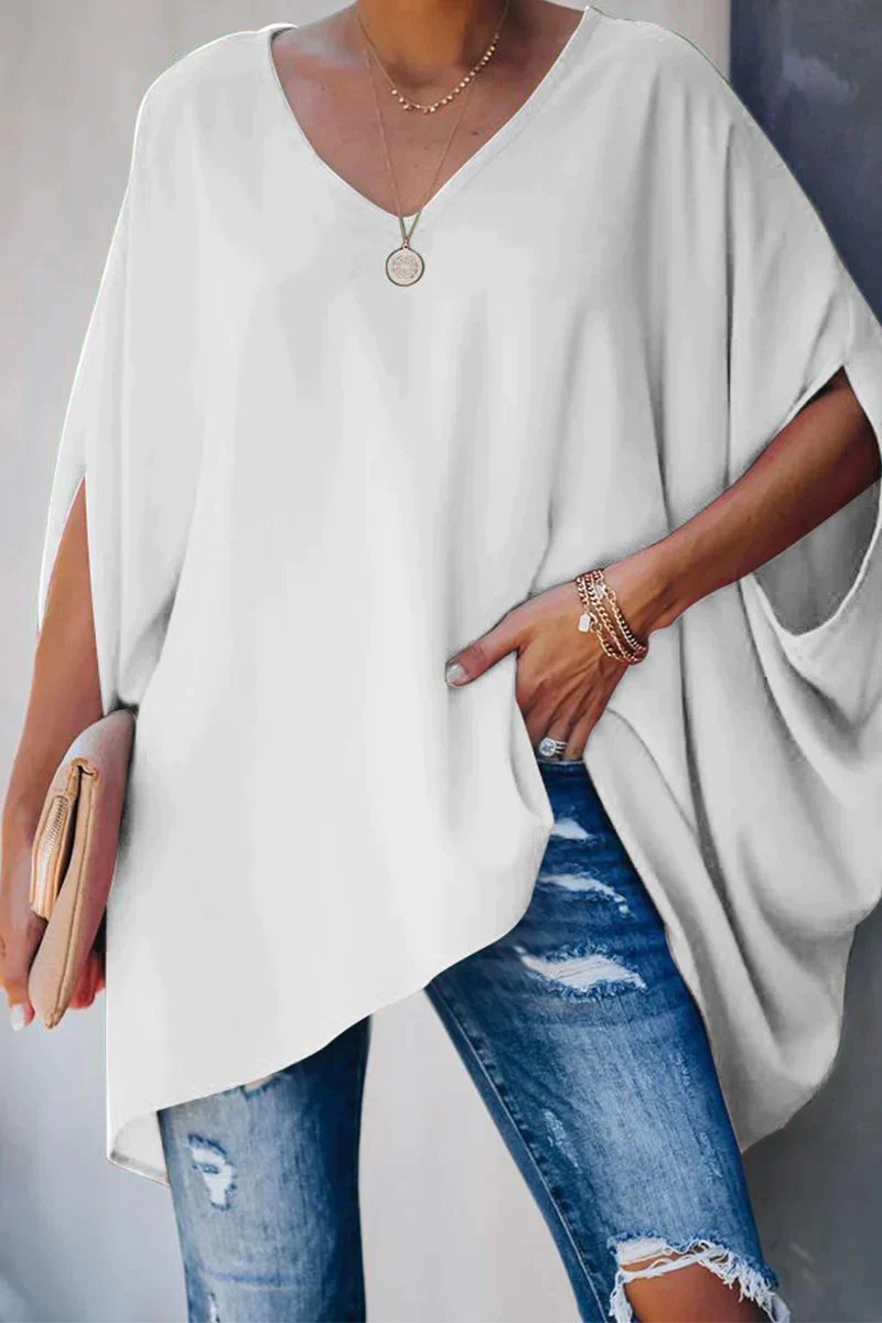 Dames Oversized V-hals Vleermouwen Tunic - Weiß