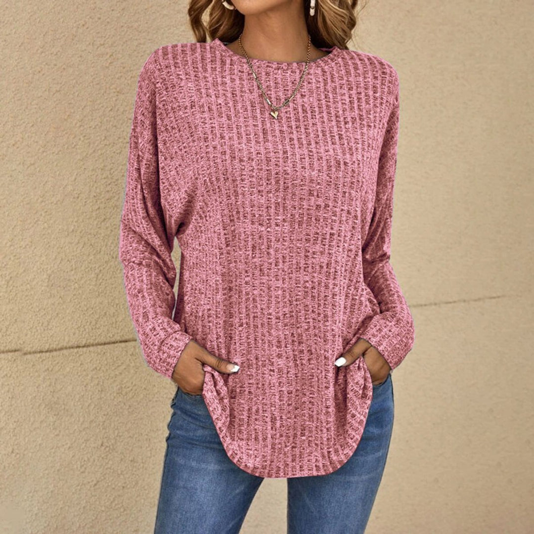 Dames Oversized Wafelknit Trui Ronde Hals Lange Mouw - Roze